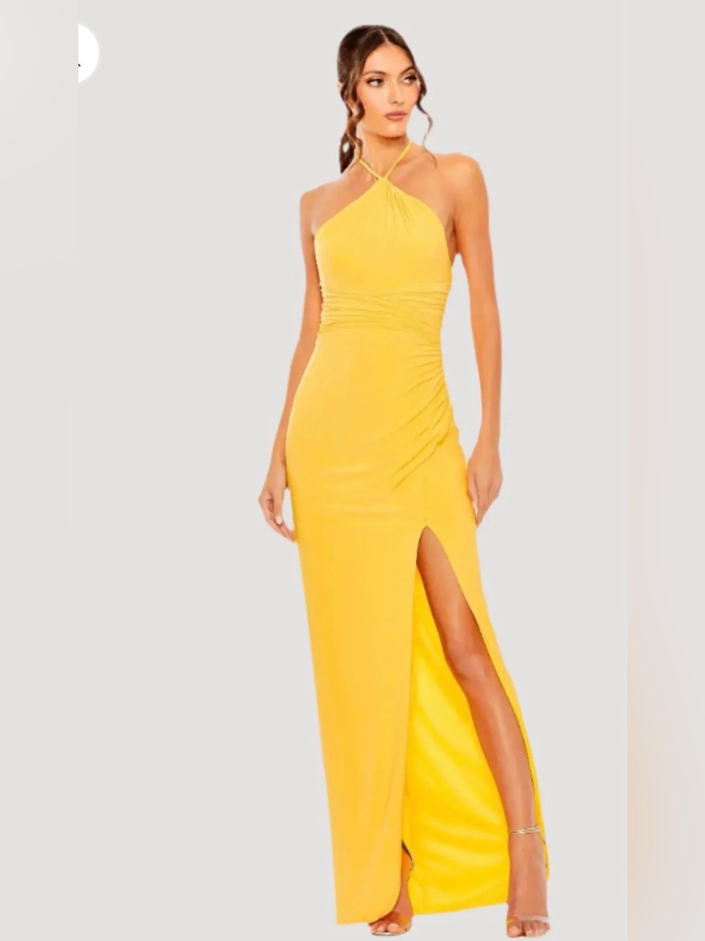MAC DUGGAL Yellow Halter Neck Ruched Side Front Slit Gown Size M